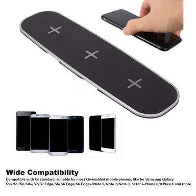 Universal 3--1 Qi Wireless Charger with multiple device compatibility for smartphones, earbuds, and smartwatches.