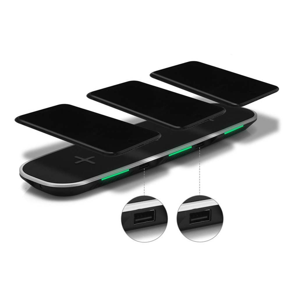 Universal 3--1 Qi Wireless Charger with three charging pads for smartphones, earbuds, and smartwatches.