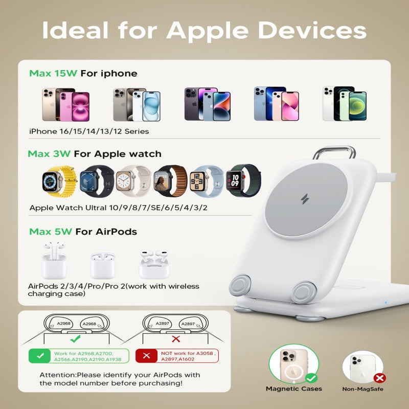 Desktop 3-in-1 Folding Stand Magnetic Wireless Charger front view