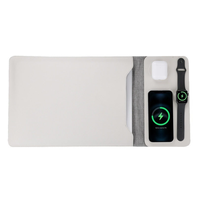 Multi-functional 3-in-1 Magnetic Wireless Charger Bag showing charging smartphone, earbuds, and smartwatch.